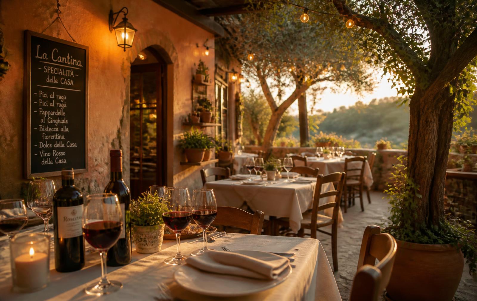 Terrazza di una trattoria italiana al tramonto